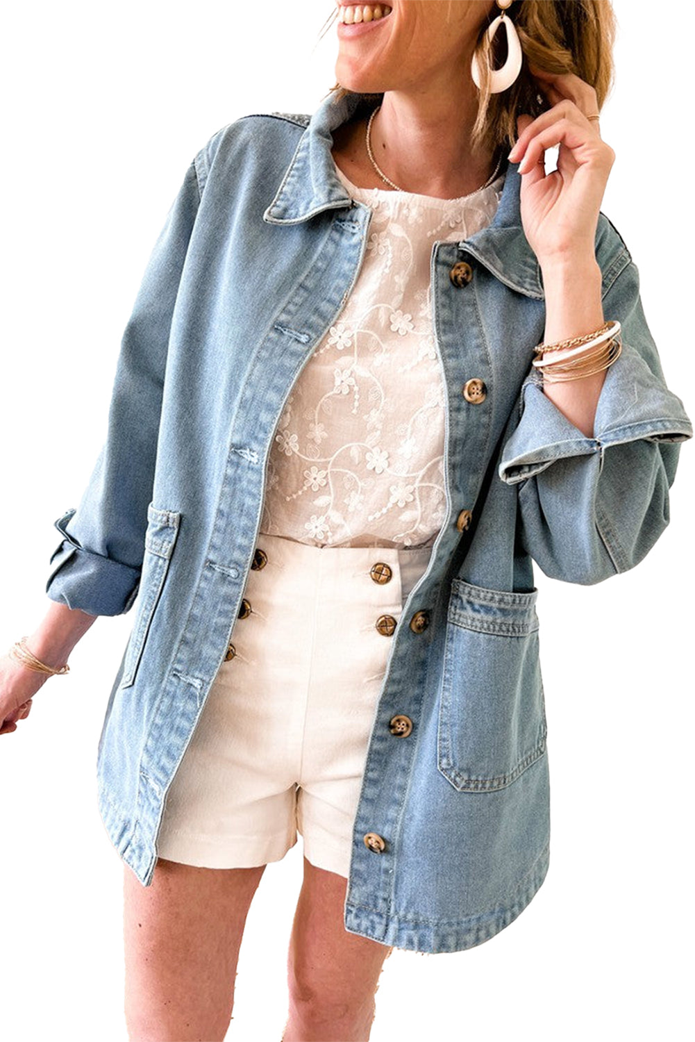 Dusk Blue Side Pocket Buttons Denim Jacket