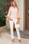 Pink Striped Pearl Beaded Knot Cuffs Blouse