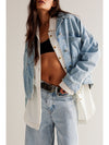 Blue Stripe Washed Oversized Pocketed Denim Jacket