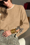 Tan Leopard Bow Decor Split Cuffs Contrast Trim Sweater