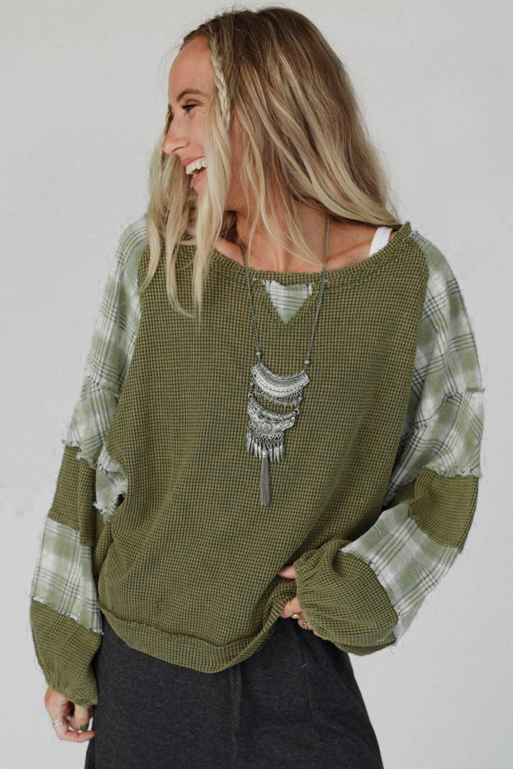 Green Plaid Patch Waffle Knit Long Sleeve Top