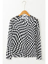 Checkered Mock Neck Long Sleeve Blouse