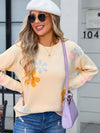 Angel Wings Flower Round Neck Dropped Shoulder Sweater - Cocoa Yacht Club