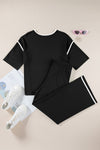 Navy Blue Loose Contrast Trim Half Sleeve Top and Drawstring Pants Set