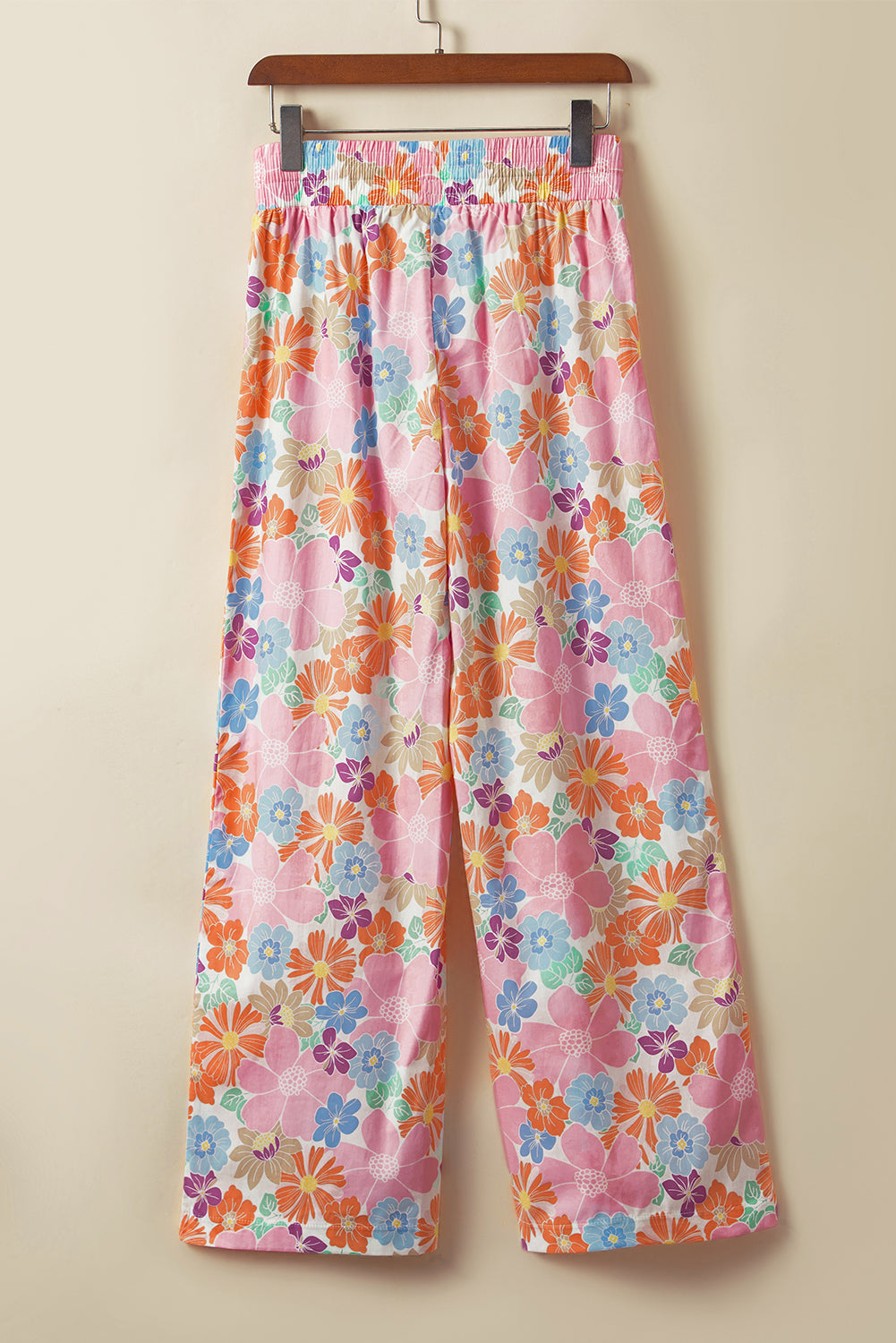 Pink Floral Smocked Elastic Waist Loose Pants