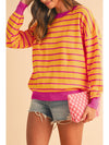 Brown Stripe Round Neck Drop Shoulder Loose Sweater