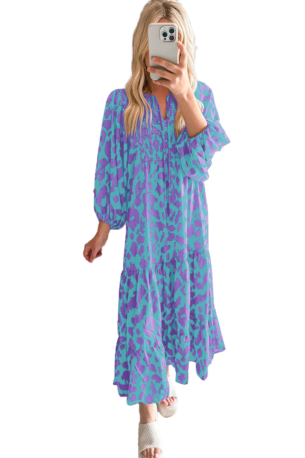 Sky Blue Abstract Print Puff Sleeve Smocked V Neck Maxi Dress