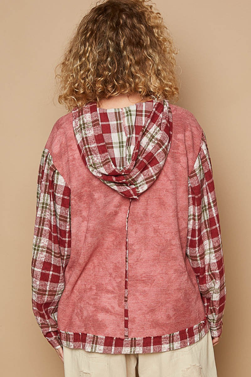 POL Star Patch Plaid Long Sleeve Hooded Top