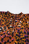 Orange Leopard Printed Short Sleeve Slit V Neck Blouse