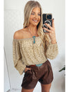 Beige Allover Leopard Print Off Long Sleeve Shoulder Blouse