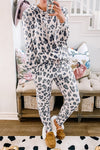 Loungewear Set Khaki Leopard Print Drawstring Hoodie and Skinny Pants Pajama Set.