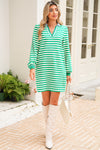 Green Pop of Color V Neck Striped Long Sleeve Mini Dress