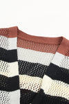 Black Striped Color Block Casual Hollow Cable Knit Cardigan