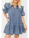 Dusk Blue Ruffle Collar Side Pockets Puff Sleeve Denim Mini Dress