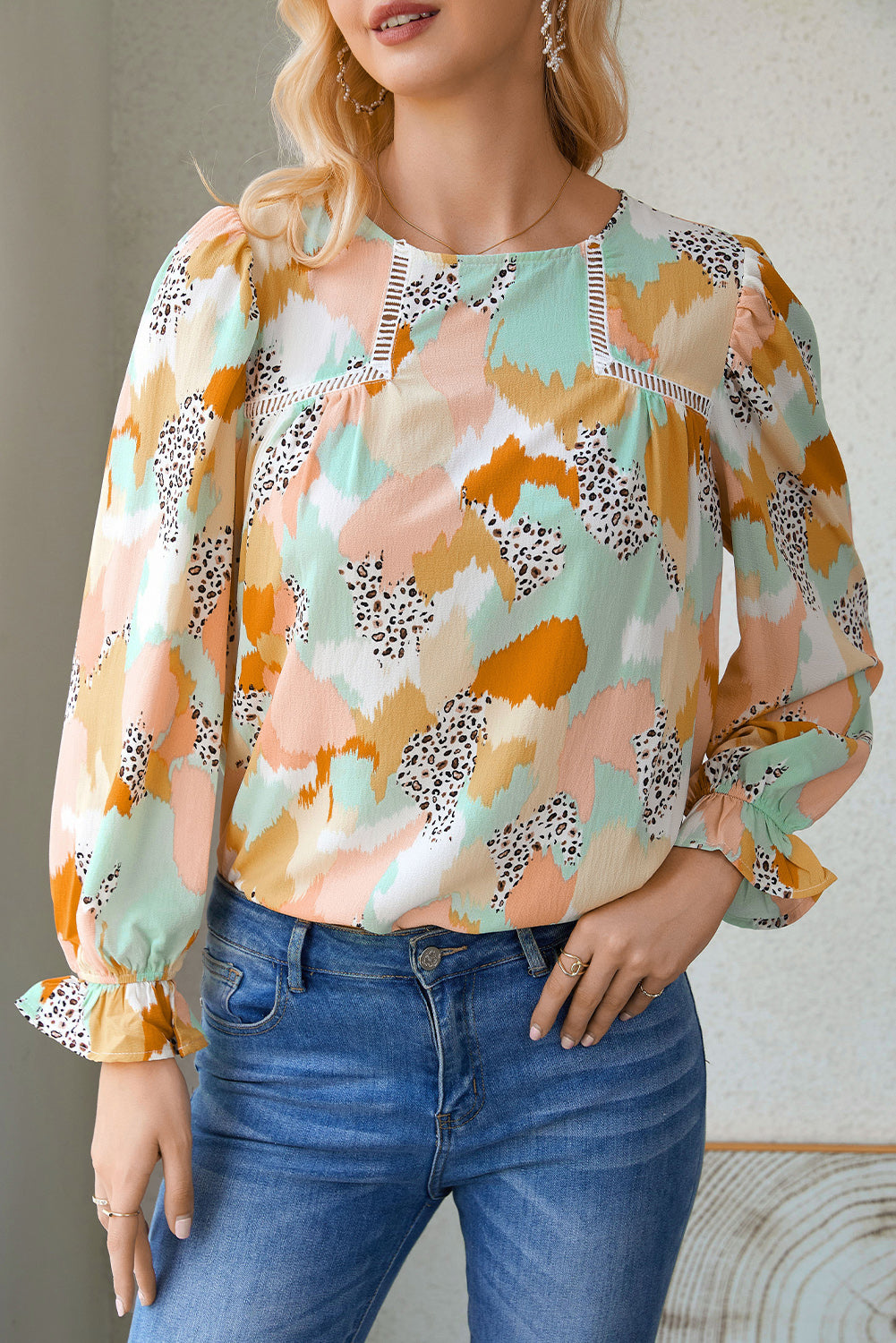 Multicolor Abstract Print Boho Frill Long Sleeve Blouse