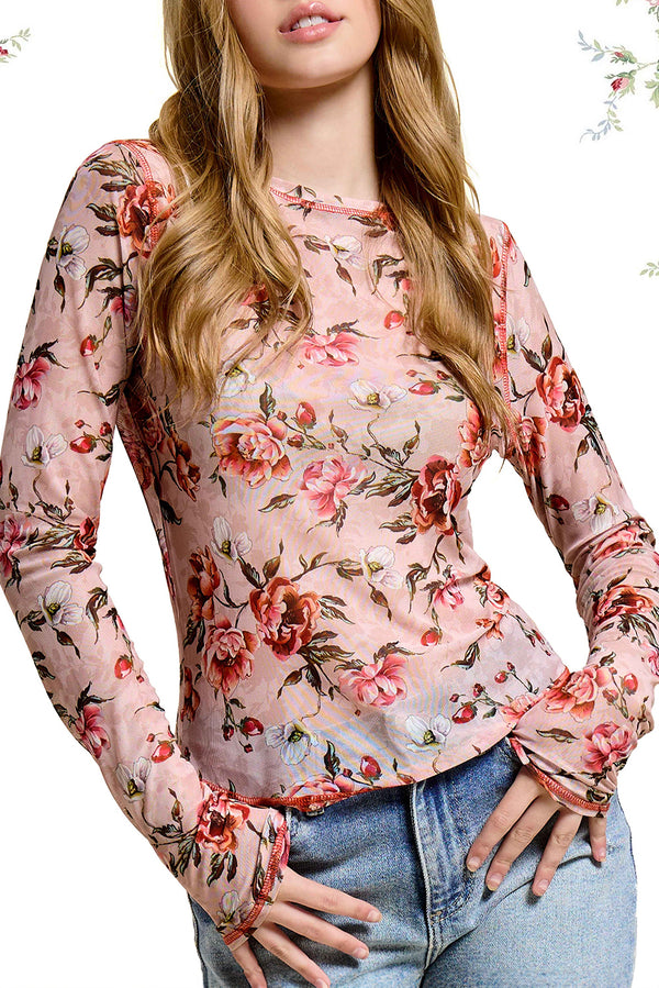 Pink Semi Sheer Crew Neck Long Sleeve Mesh Layering Top
