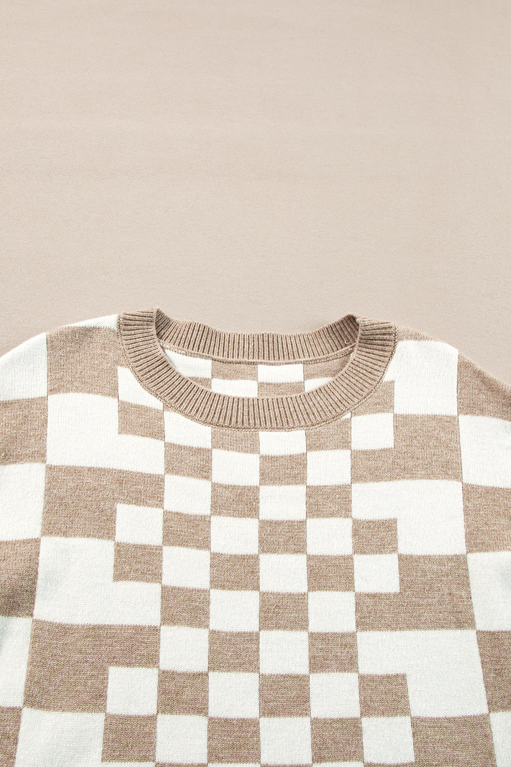 Carrot Checkered Drop Shoulder Round Neck Sweater