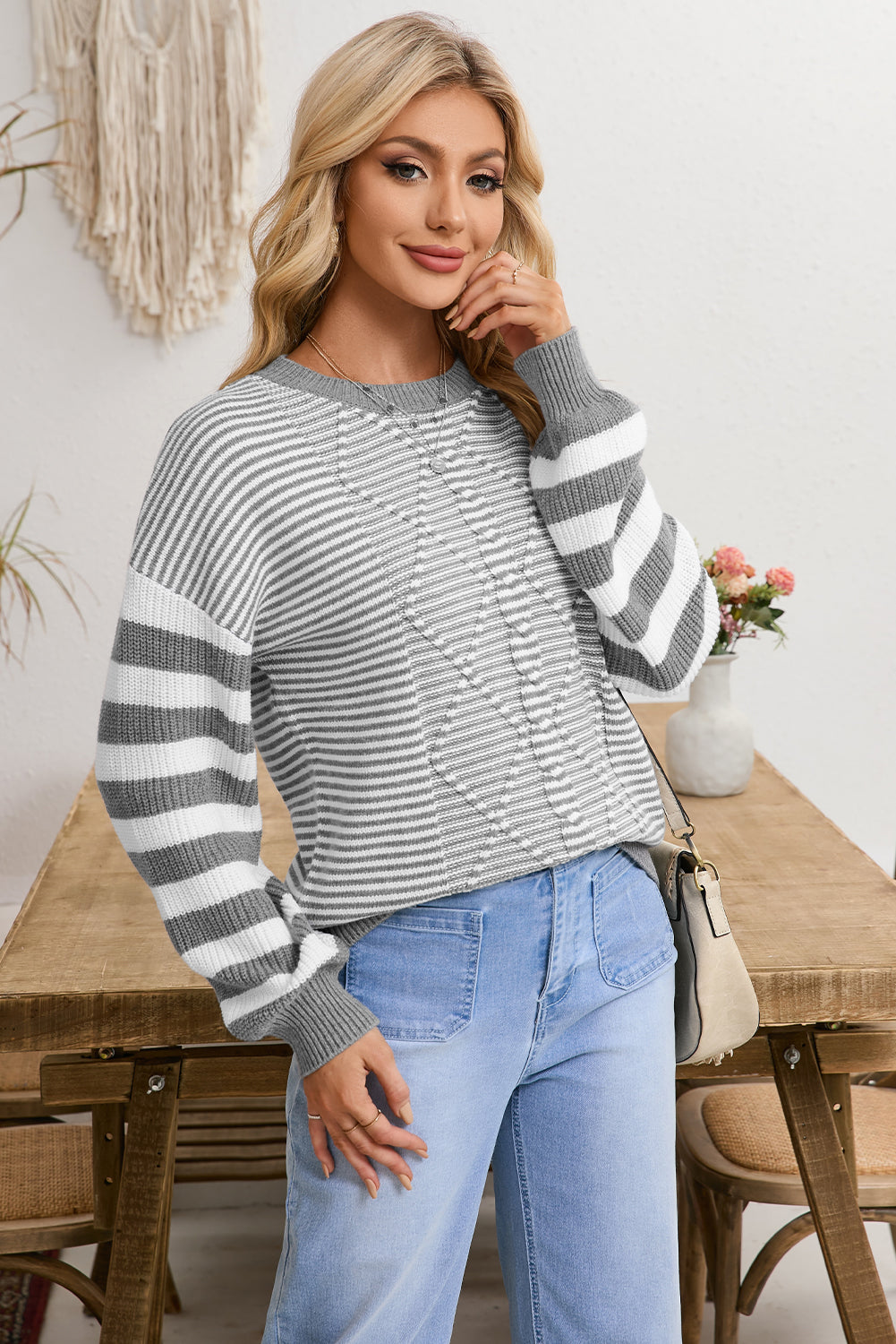 Red Stripe Twisted Knitted Drop Shoulder Sweater