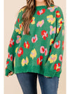 Green Plus Size Floral Knitted Drop Shoulder Sweater