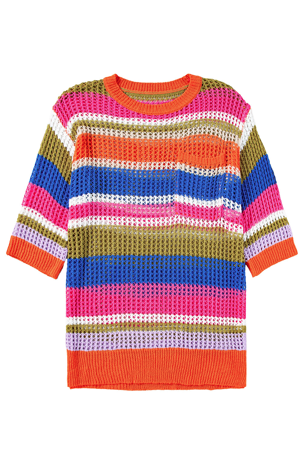 Pink Striped Color Block Hollow Crochet 3/4 Sleeve T Shirt