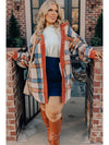 Brown Stripe Plus Size Plaid Print Collared Buttoned Jacket