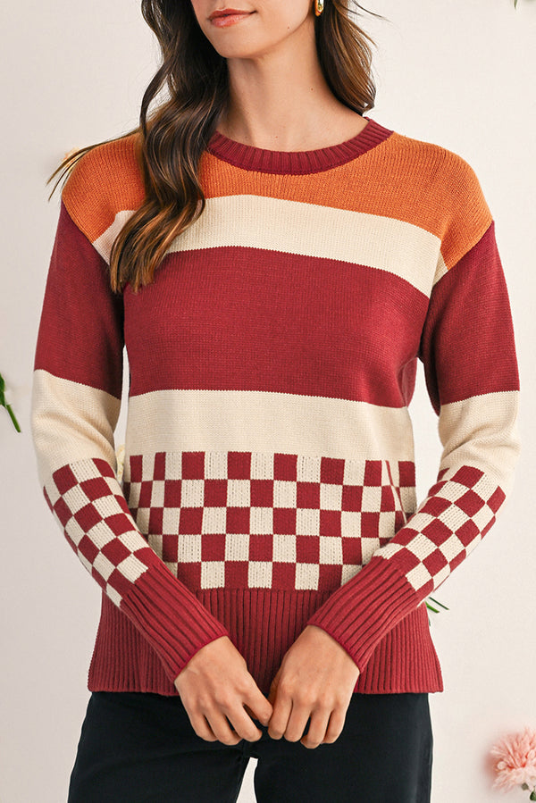 Brown Checkered Colorblock Knitted Drop Shoulder Sweater
