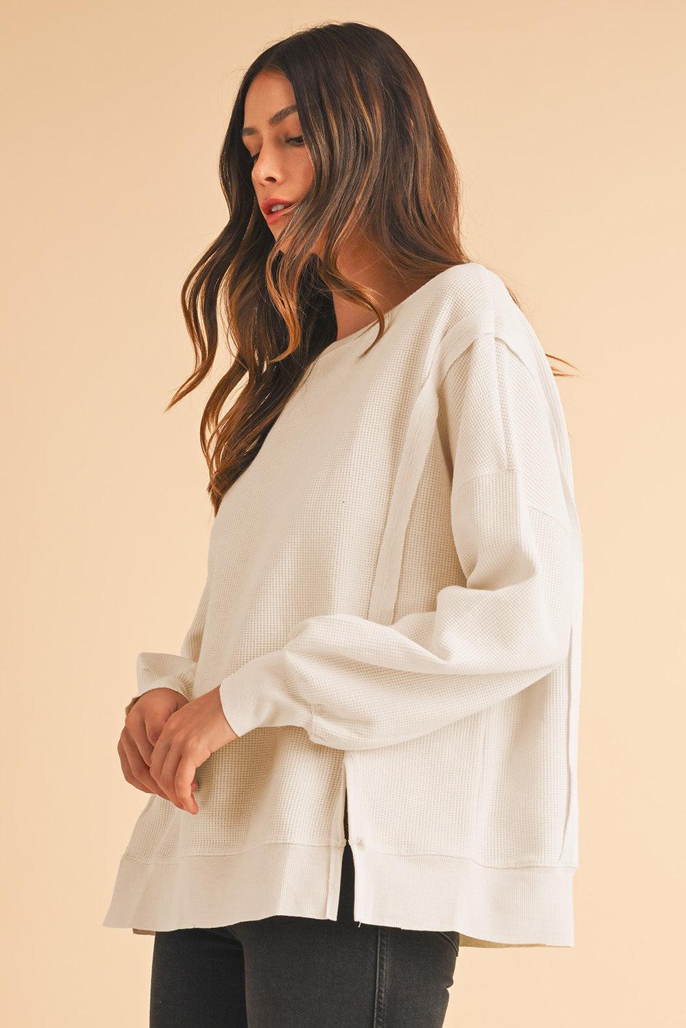 White Waffle Bishop Sleeve Split Oversized Sweatshirt