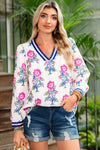 White Floral Print Pop of Color V-neck Long Sleeve Blouse