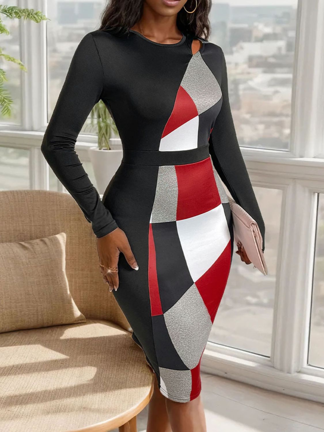 Perfee Cutout Color Block Round Neck Long Sleeve Dress