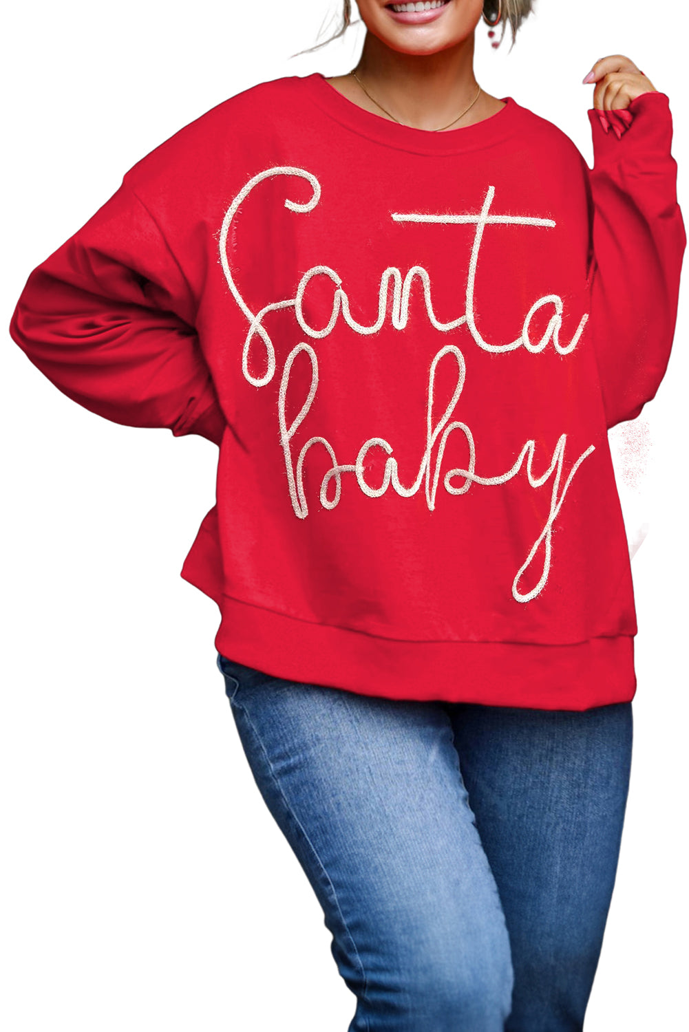 Fiery Red Tinsel Santa Baby Plus Size Christmas Sweatshirt