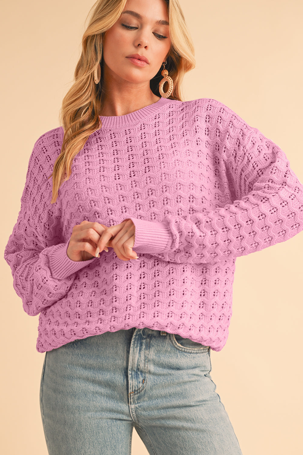 Pink Crochet Knit Drop Shoulder Sweater