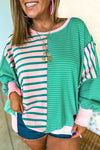 Green Stripe Colorblock Patchwork Side Slit Plus Size Sweatshirt