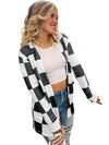 Black Checkered Waffle Knit Thumbhole Long Sleeve Cardigan