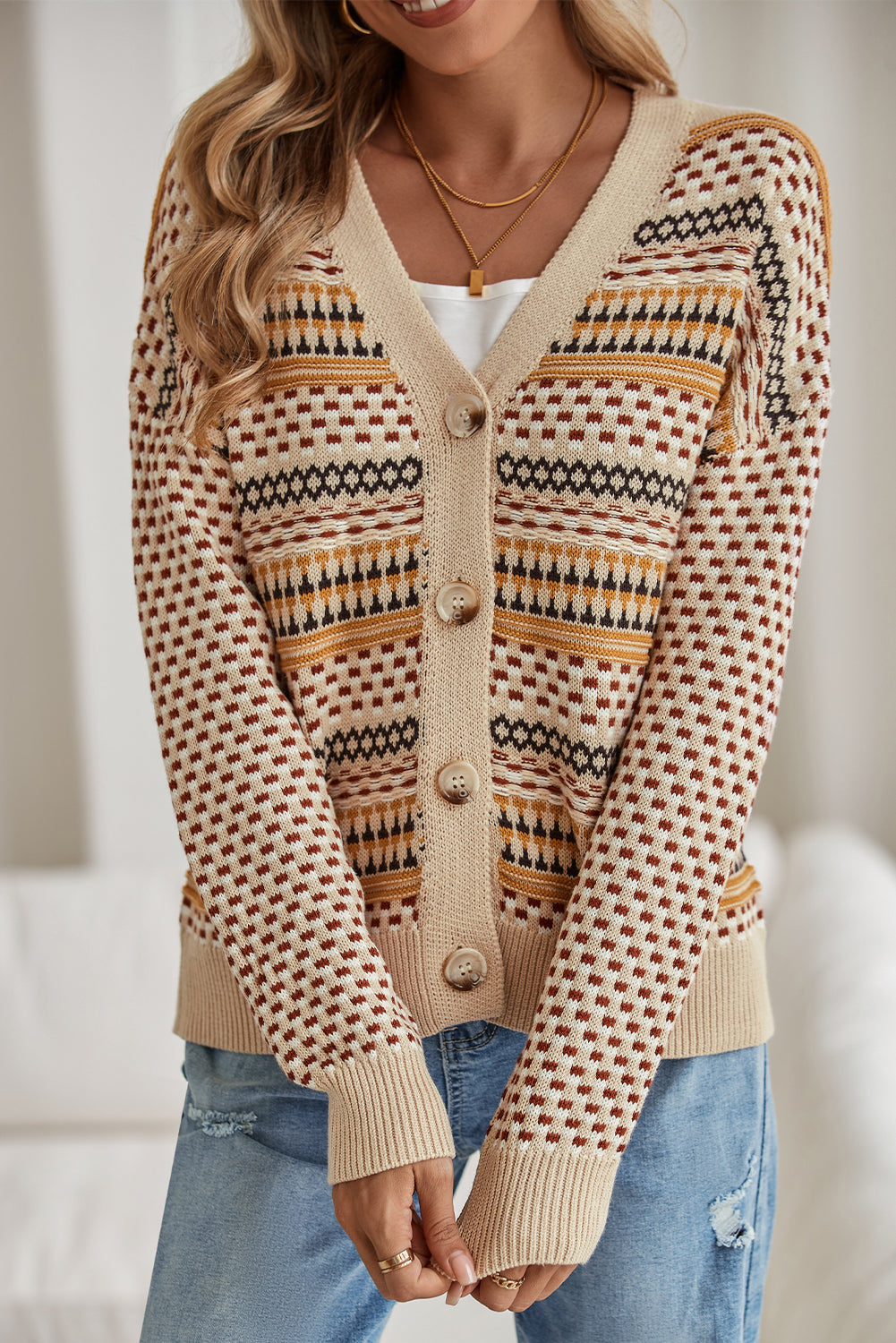 Khaki Geometric Pattern Button Front V Neck Cropped Cardigan