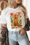 White Floral Boots Printed Casual Cotton Blend T Shirt