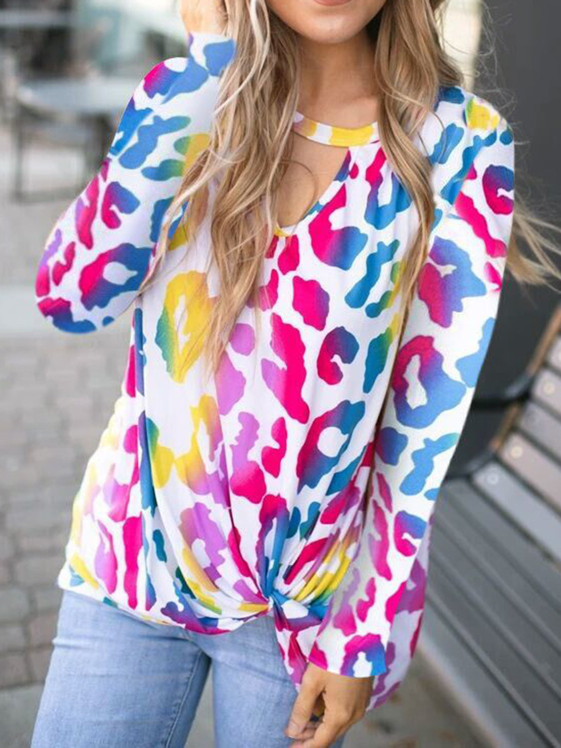 Cutout Round Neck Long Sleeve T-Shirt