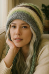 Spinach Green Plush Striped Knit Ear Warm Beanie Hat