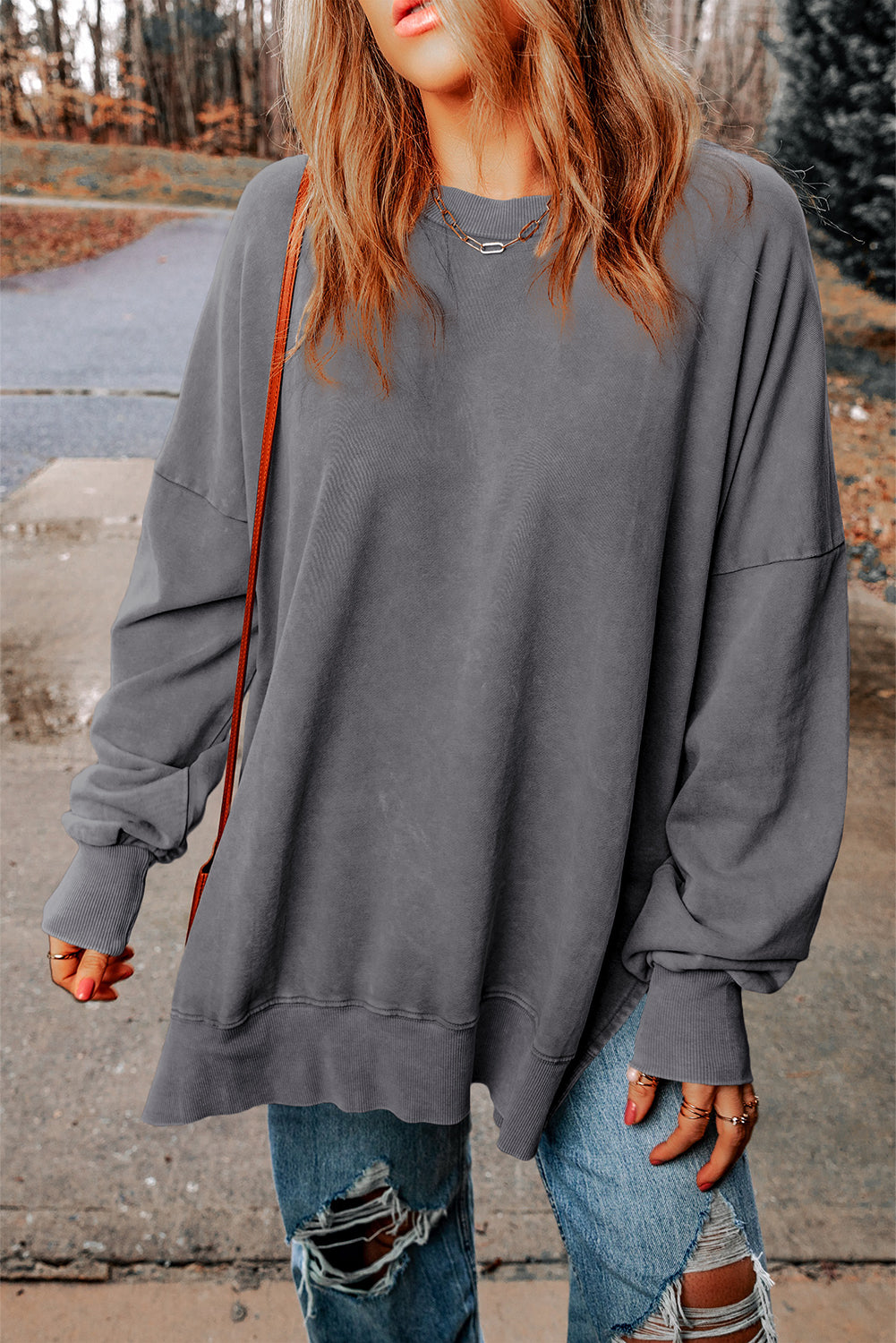 Green Plain Drop Shoulder Ribbed Trim Oversized Sweatshirt