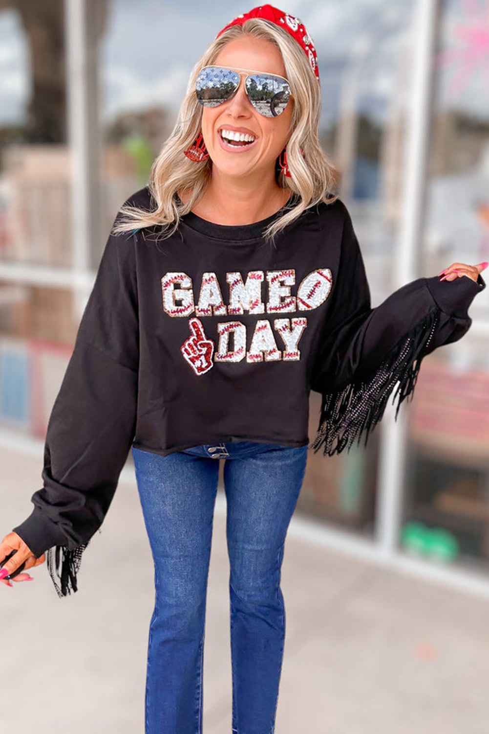 Black GAME DAY Rugby Sequin Tassel Cropped Sweatshirt