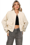 Beige Solid Stand Neck Pocket Long Sleeve Shift Jacket