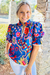 Blue Frill V-neck Abstract Print Blouse