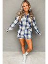 Blue Plaid Print Shirt and Frill Trim Shorts Pajama Set