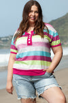 Rose Stripe Colorblock Plus Size Knit Henley Top