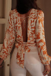 Orange Floral Print Knotted Backless Long Sleeve Blouse