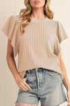 Beige Solid Color Textured Ruffle Short Sleeve Knit Top