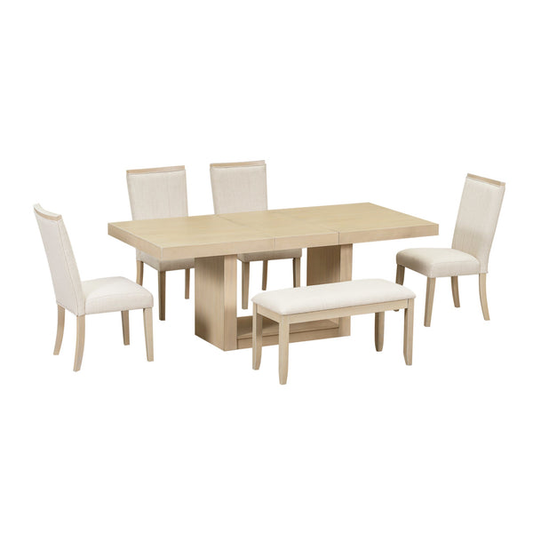 TOPMAX Contemporary 6-Piece 78inch Extendable Pedestal Dining Table Set with 18inch Removable Leaf and Dining Bench, 4 Upholstered Dining Chairs, Natural