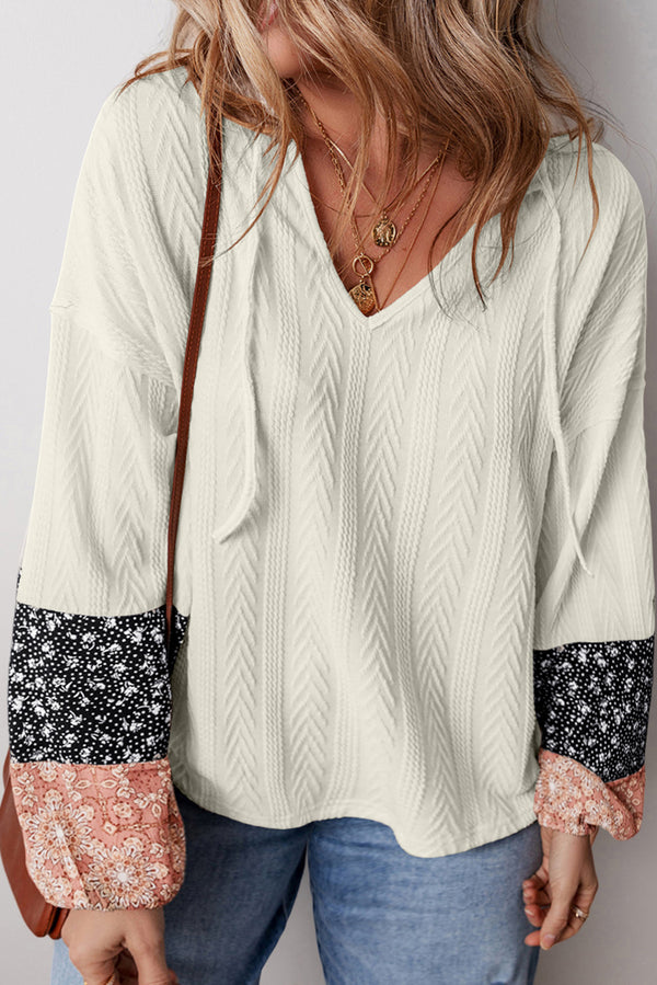 White Floral Patchwork Textured Knit Drawstring V Neck Blouse