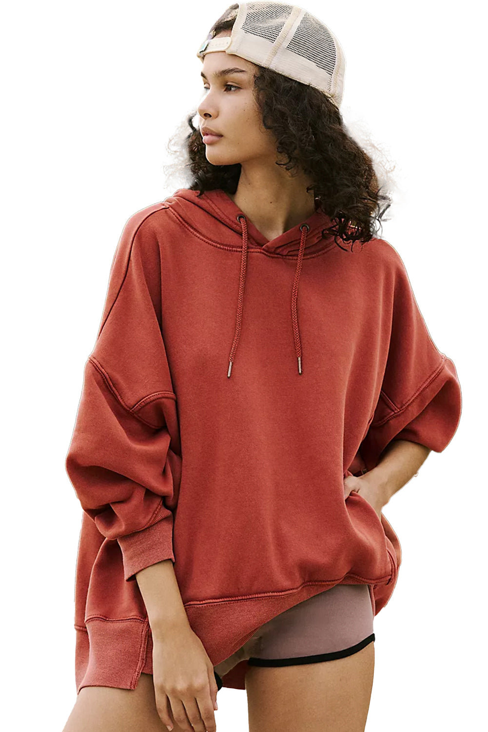 Red Clay Drop Shoulder Pocketed Baggy Drawstring Hoodie