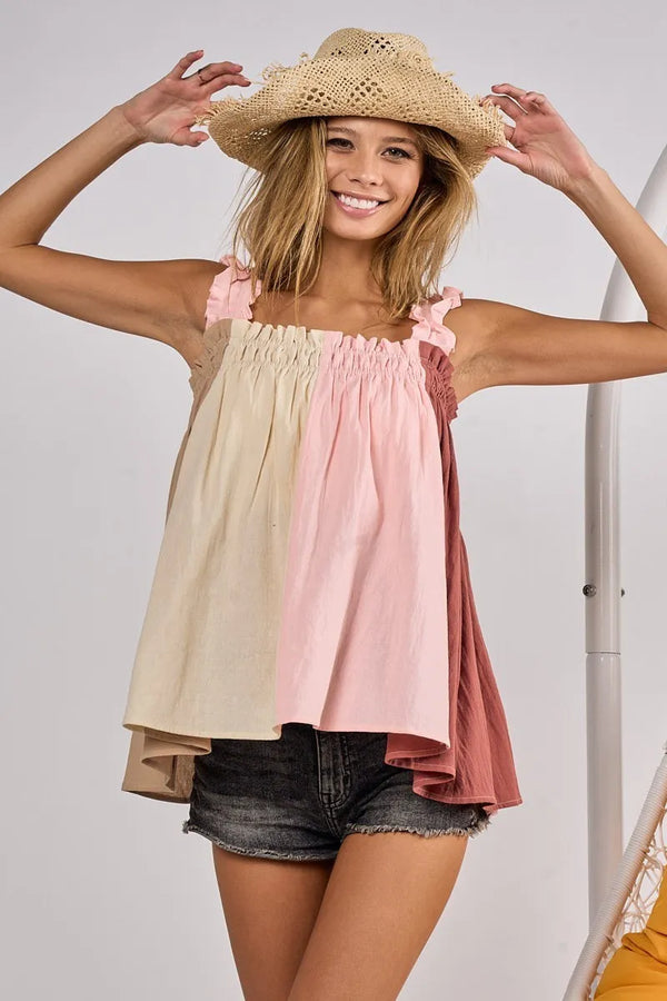 BiBi Frill Shoulder Strap Color Block Bodice Top