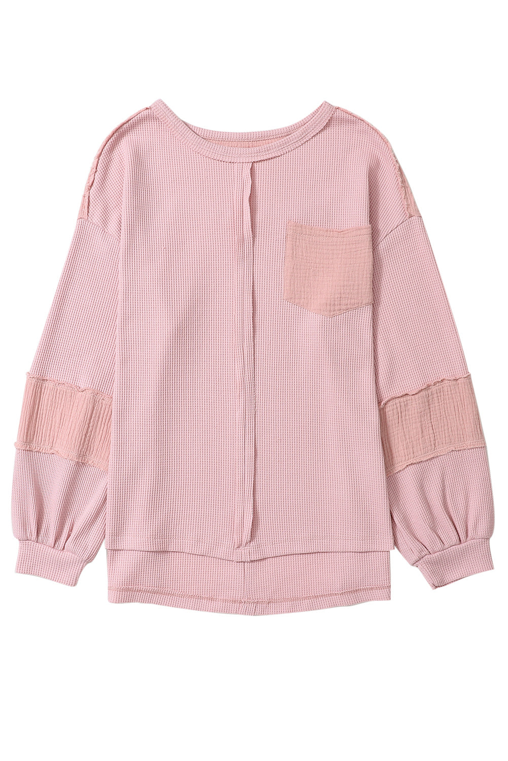 Pink Waffle and Crinkle Patchwork Long Sleeve Top